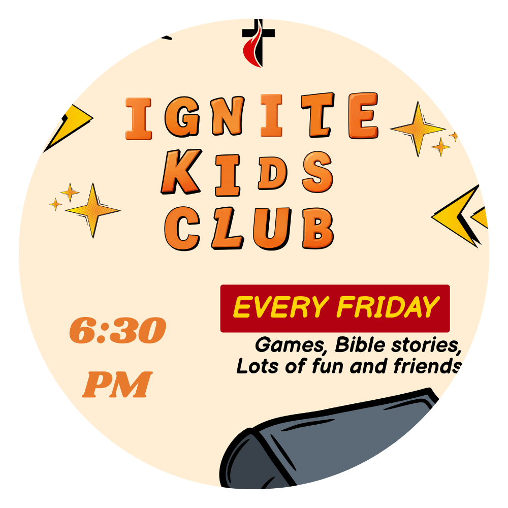 Ignite Kids Club circular logo with flames, sparkles and the words Every Friday
