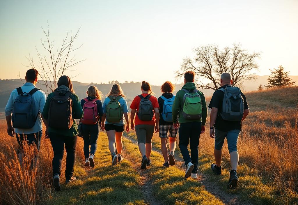 A team walking together along a rural path in warm evening light