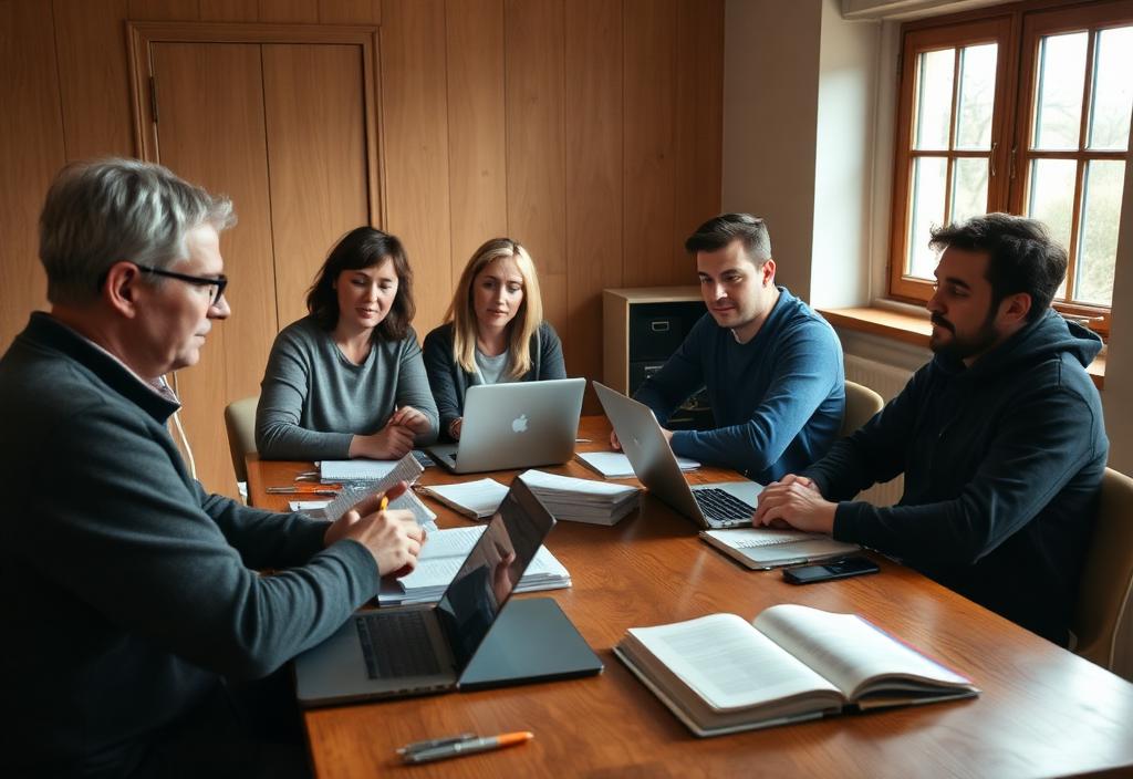 A small group in a training session around a table with books and laptops