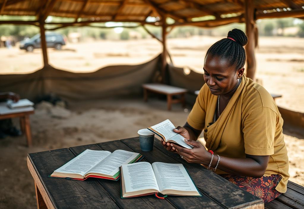 A woman reading and comparing translated scripture pages at a wooden table
